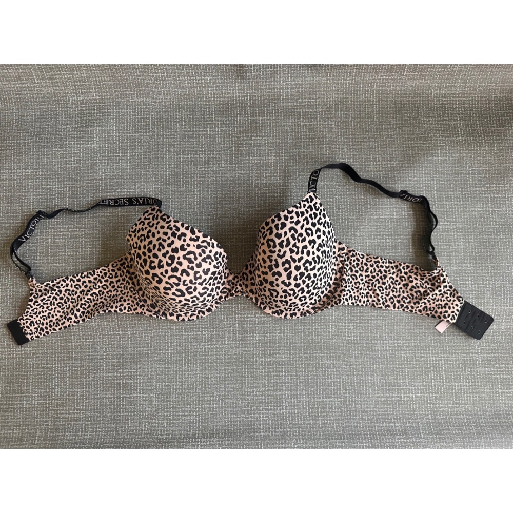 Victoria's Secret Leopard Print T-Shirt Bra Logo Straps Tan Black 36C - Picture 3 of 10